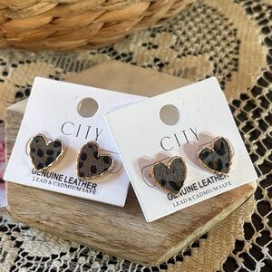 Heart-Shaped Leather Leopard Print and Cheetah Print Earrings Set of 2